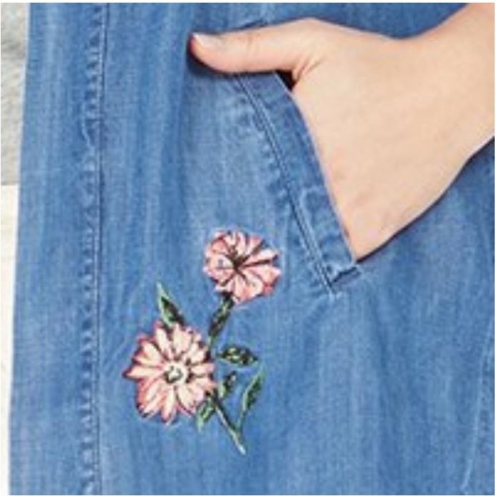 XL Chambray Floral Embroidered Open Front Cardigan Kimono Boho Spring Coastal - Picture 6 of 16